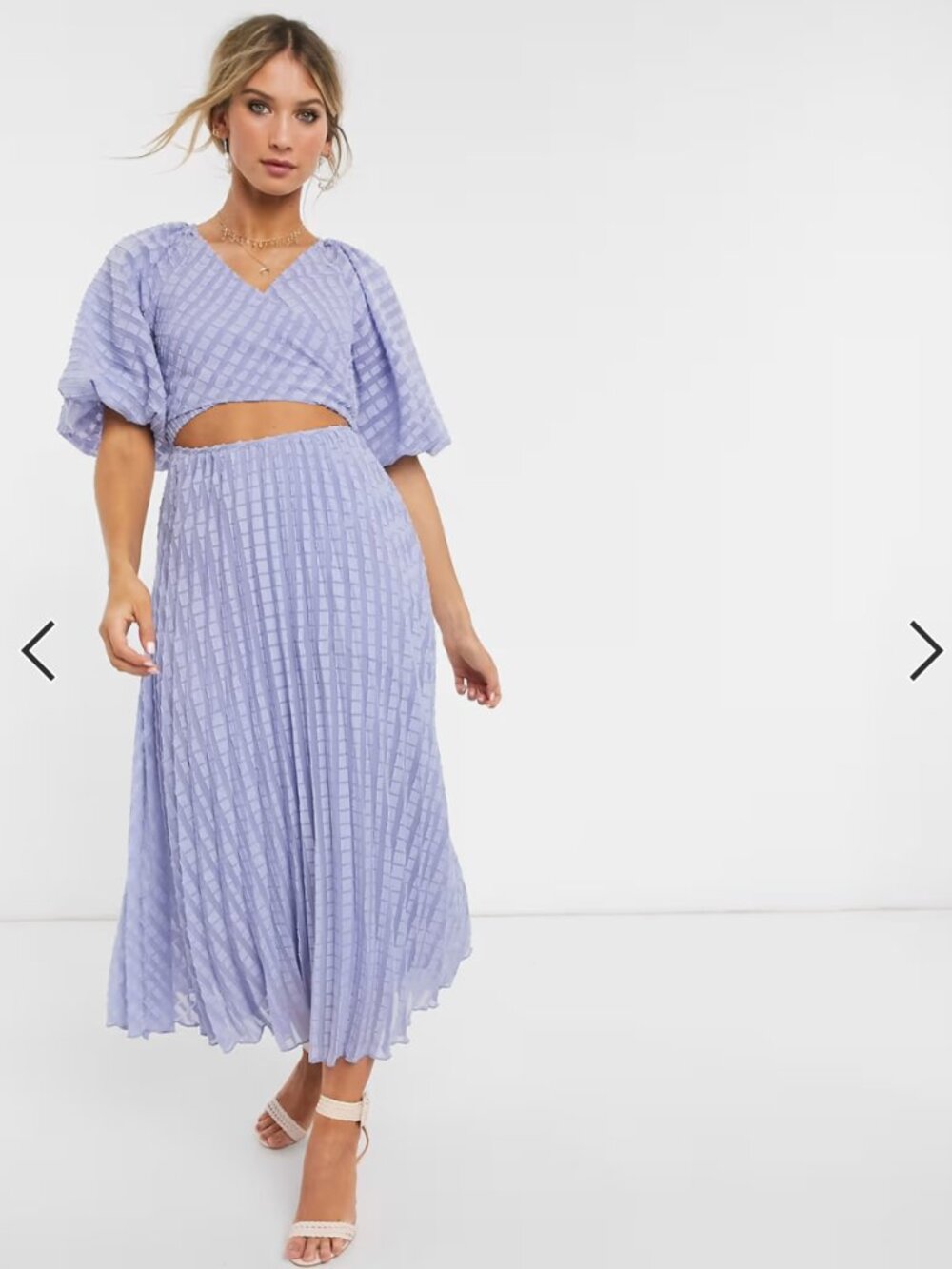 ASOS DESIGN wrap around pleated midi dress in textured dobby in lilac